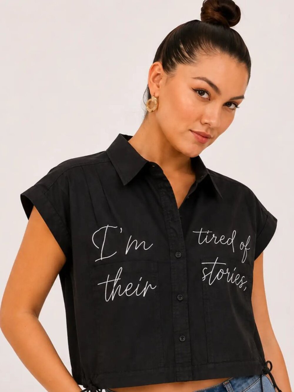 Women’s Graphic Cropped Button-Down Shirt, Cap Sleeve Drawstring Casual Top
